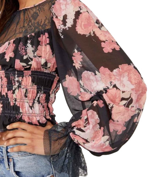 Free People Floral Lace Ruffle Top Womens Small Cropped Bell Sleeve Romantic Y2K - Picture 6 of 11